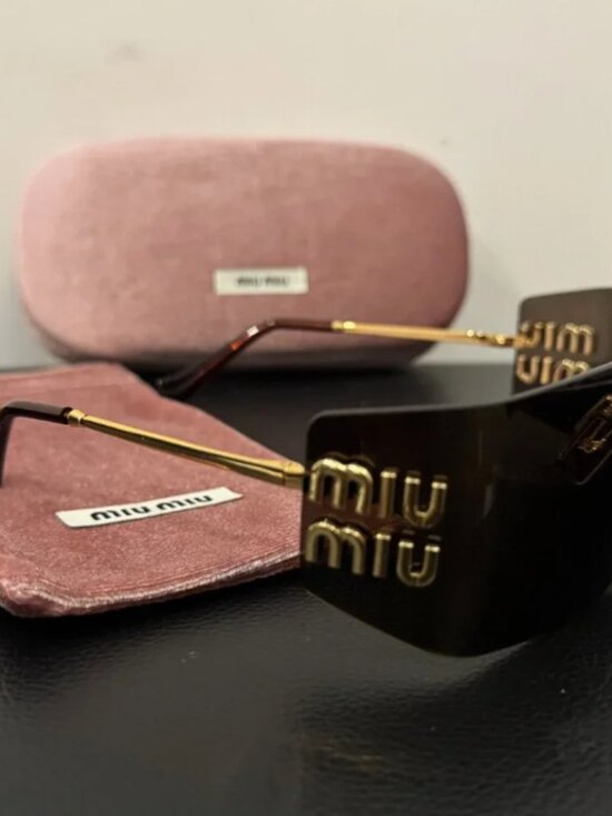 Miu Miu Oversized Brown Shield Sunglasses Gold Detail main image 9